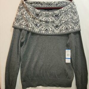 NEW Jones New York Women Sweater Grey Fair Isle Off Shoulder Beaded Size XL